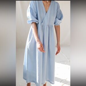OffOn Clothing Linen V-Neck Puffy sleeve midi dress